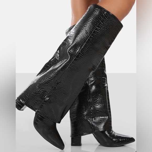 Zendaya black croc pointed toe knee high boots, US 7 (UK 5) Wms, Brand New - Picture 1 of 14